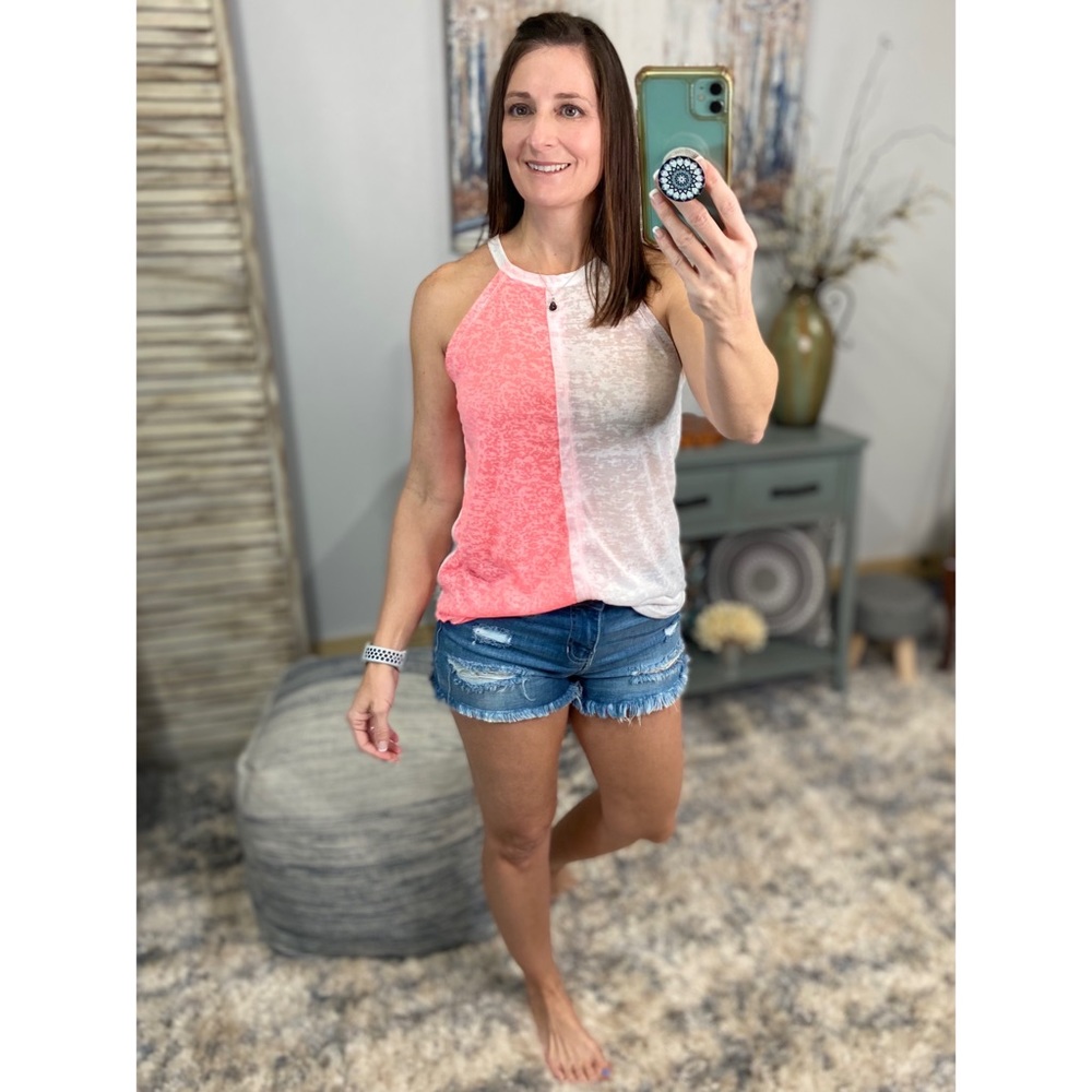 ❤️‍🔥Halter Color Block Racerback Burnout Scoop Neck Tank Neon Pink White 0622 - Picture 4 of 10
